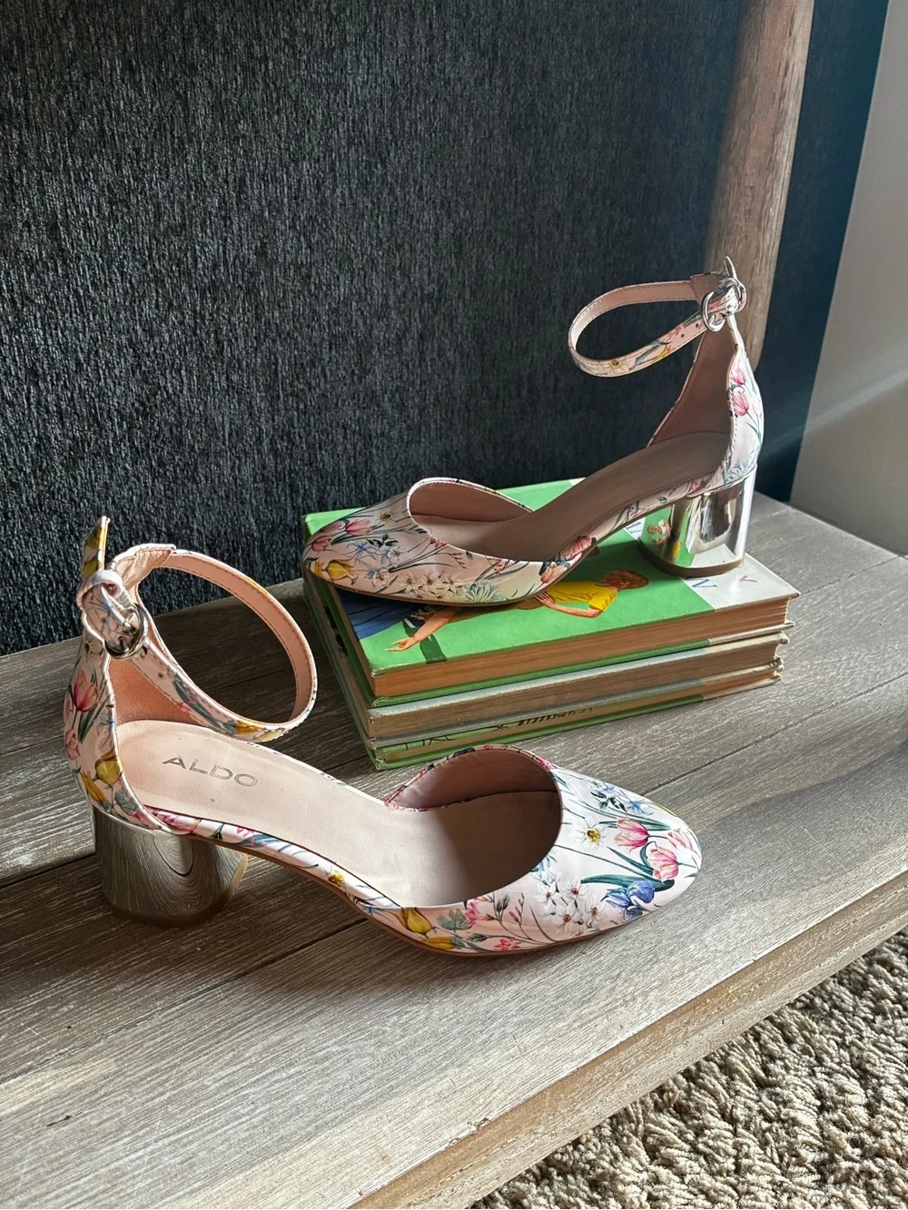 ALDO Floral Pink Ankle-Strap Block Mirrored Heel Pumps
